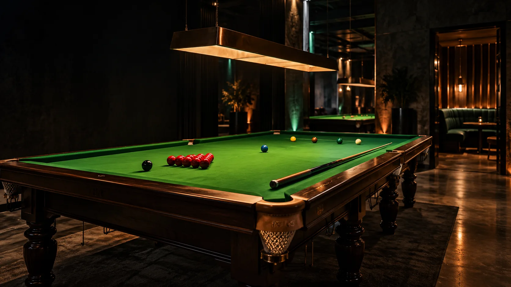 Illustrated atmosphere: green snooker table under warm lights. Concept image, not a photograph of the club.
